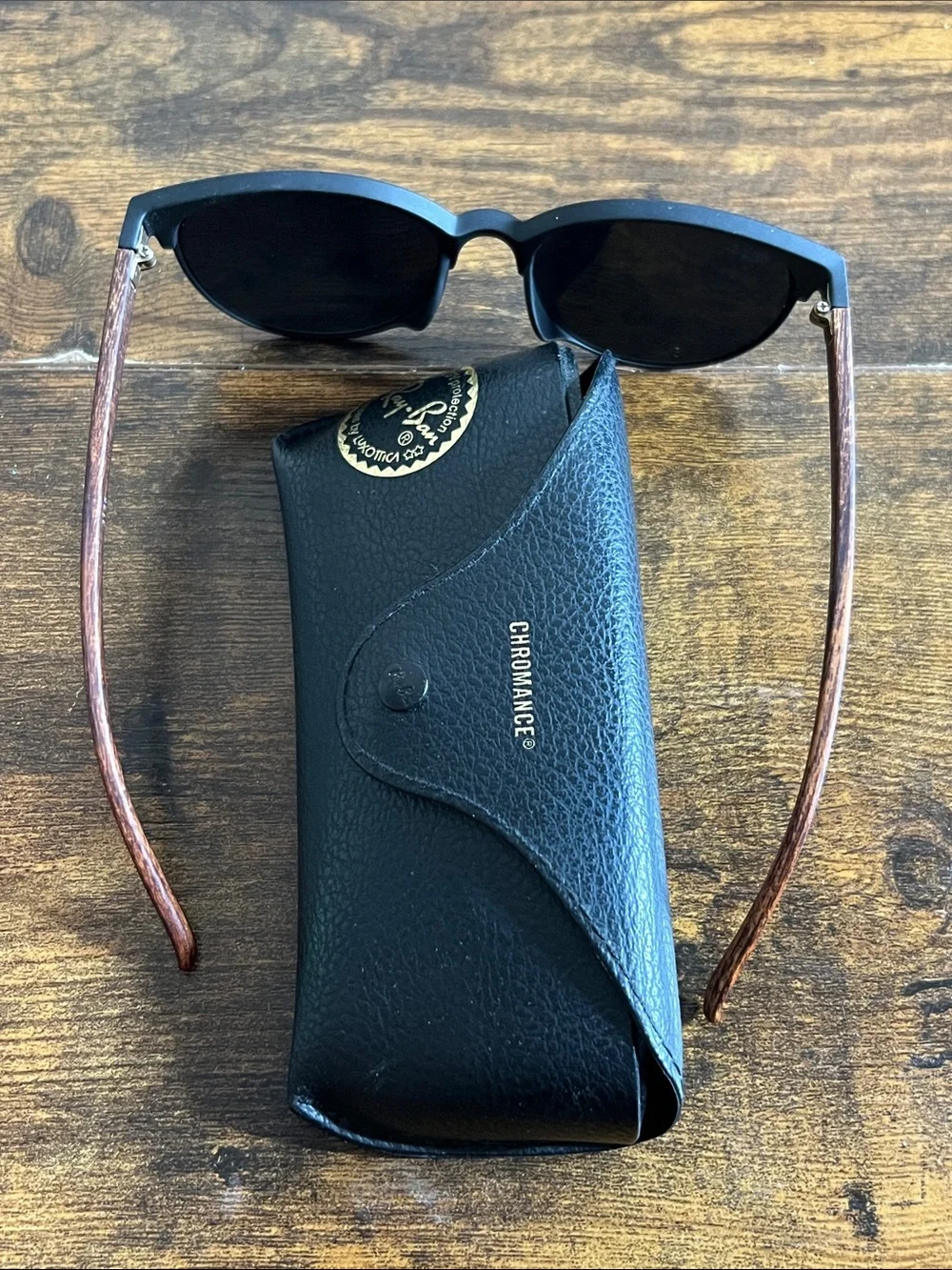 Ray-Ban Black Frame Sunglasses with Brown Lenses and Wood-Effect Temples